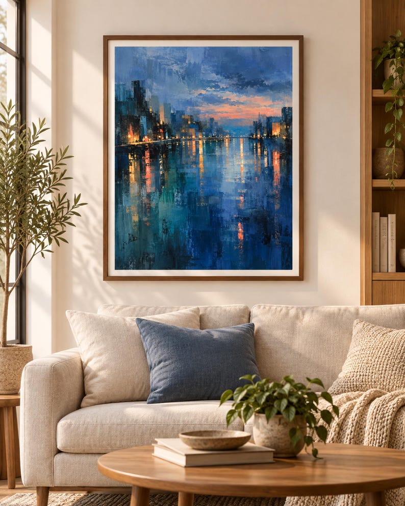 May include: A framed wall art print featuring an impressionistic cityscape at twilight. The painting displays a dark blue sky and water, with warm orange and yellow lights reflecting from the buildings onto the surface of the water below.