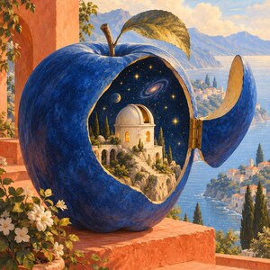 Puede incluir: Una gran manzana azul texturizada con una secci&oacute;n con bisagras que se abre para revelar un observatorio blanco en miniatura sobre un acantilado rocoso bajo un cielo estrellado con una galaxia visible, frente a un paisaje costero con un sol brillante.