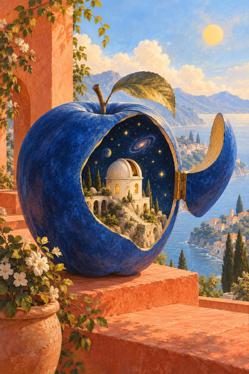 Puede incluir: Una gran manzana azul texturizada con una secci&oacute;n con bisagras que se abre para revelar un observatorio blanco en miniatura sobre un acantilado rocoso bajo un cielo estrellado con una galaxia visible, frente a un paisaje costero con un sol brillante.