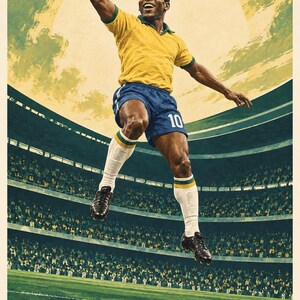 Pode incluir: Um cartaz vertical apresentando um jogador de futebol com camisa amarela e cal&ccedil;&otilde;es azuis com o n&uacute;mero 10, saltando em celebra&ccedil;&atilde;o dentro de um est&aacute;dio. O texto na parte inferior diz PEL&Eacute; FOOTBALL LEGENDS 08 em letras mai&uacute;sculas azul-escuras.