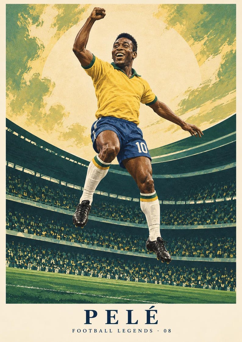 Pode incluir: Um cartaz vertical apresentando um jogador de futebol com camisa amarela e cal&ccedil;&otilde;es azuis com o n&uacute;mero 10, saltando em celebra&ccedil;&atilde;o dentro de um est&aacute;dio. O texto na parte inferior diz PEL&Eacute; FOOTBALL LEGENDS 08 em letras mai&uacute;sculas azul-escuras.