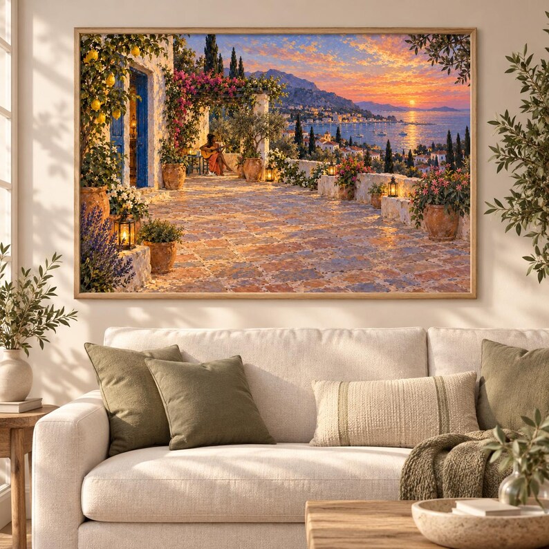 May include: A framed landscape painting depicting a Mediterranean terrace at sunset. The scene features a tiled patio, potted plants, blooming bougainvillea, and a person playing a guitar. In the background, a coastal town overlooks the sea.
