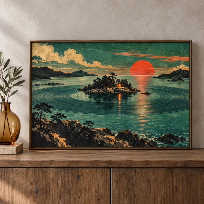 May include: A rectangular wall art print featuring a landscape of a small island with a cabin in the center of a calm, circular-rippled body of water. A large, vibrant red sun hangs low in the sky above distant mountains and clouds.
