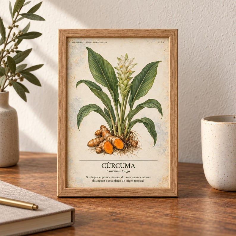 K&ouml;nnte beinhalten: Ein gerahmter botanischer Druck mit einer detaillierten Illustration einer Curcuma longa Pflanze mit gr&uuml;nen Bl&auml;ttern, einer wei&szlig;en Bl&uuml;te und orangefarbenen Kurkuma-Rhizomen. Der Text C&Uacute;RCUMA Curcuma longa steht unter der Pflanze.