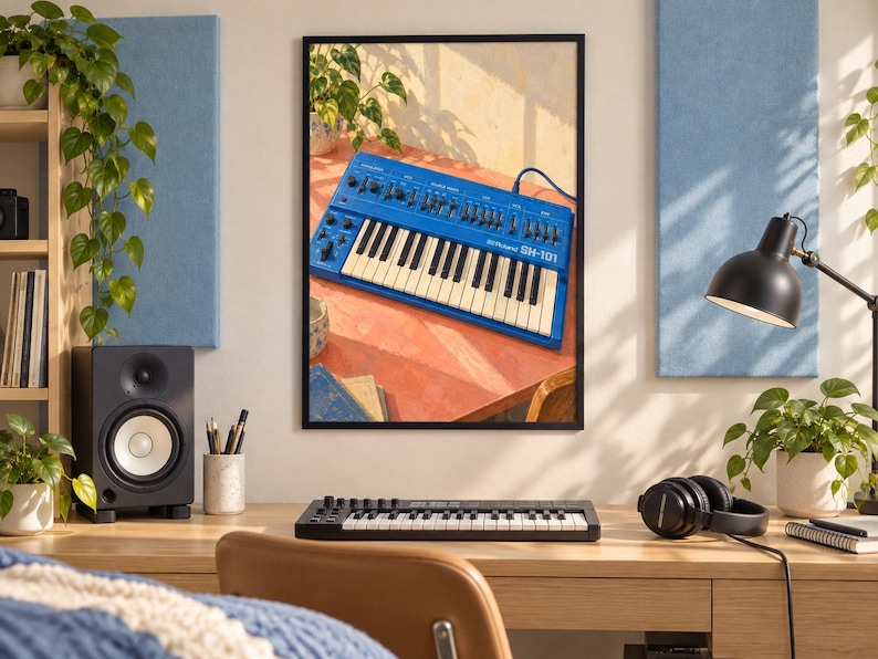 May include: A framed wall art print depicting a bright blue Roland SH-101 synthesizer with black keys and white keys, featuring numerous knobs and sliders on its control panel, displayed in a studio setting with plants and warm lighting.