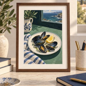 May include: A framed art print depicting a plate of cooked mussels with a lemon wedge on a green table. Beside the plate sits a blue and white striped cloth and a ceramic pitcher with blue leaf patterns. The scene overlooks a coastal ocean view.