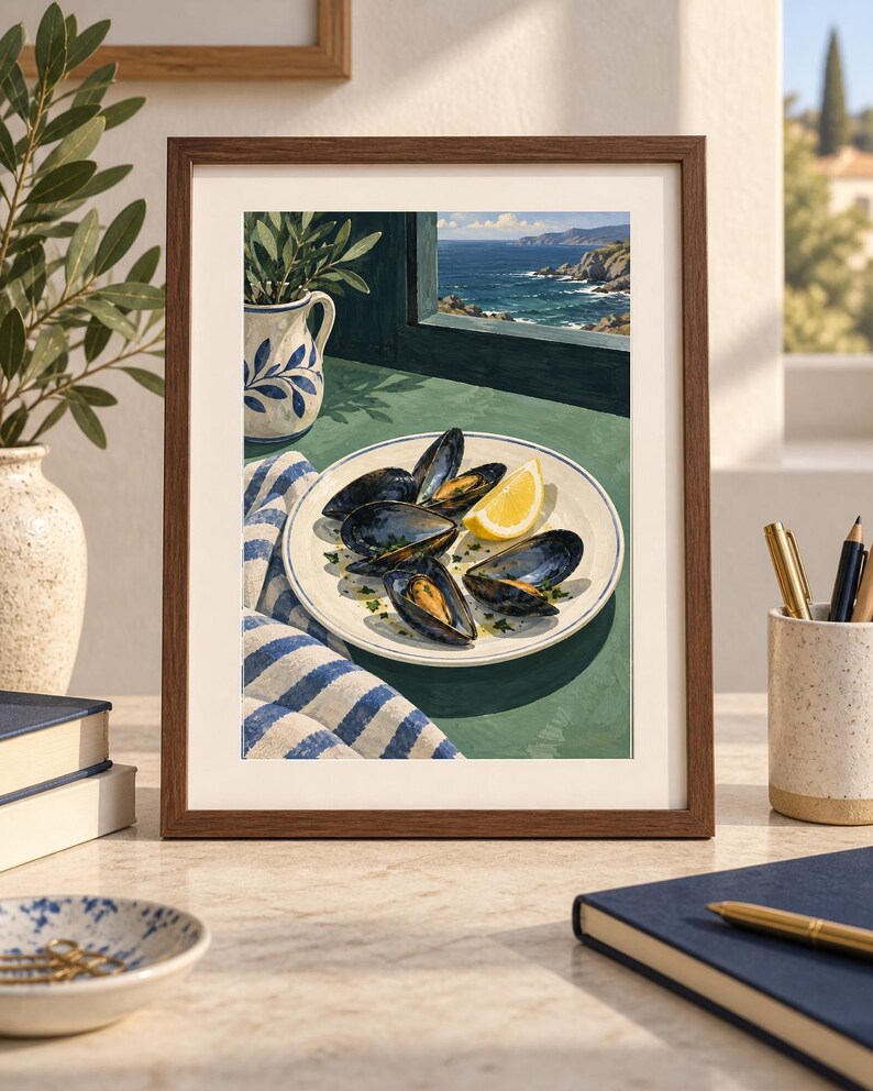 May include: A framed art print depicting a plate of cooked mussels with a lemon wedge on a green table. Beside the plate sits a blue and white striped cloth and a ceramic pitcher with blue leaf patterns. The scene overlooks a coastal ocean view.