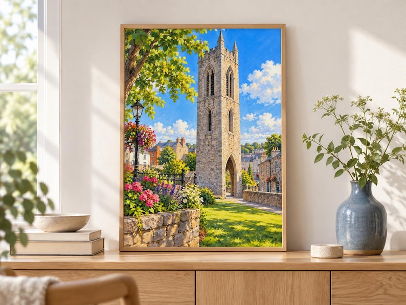 May include: A framed wall art print depicting a tall, weathered stone bell tower standing in a lush garden setting. The scene features a bright blue sky with white clouds, vibrant pink and yellow flowers, a black lamppost, and green trees.