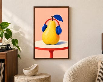 Decorazione da parete per la cucina con pera e cuffie / Festa d'ascolto con la pera / Download digitale
