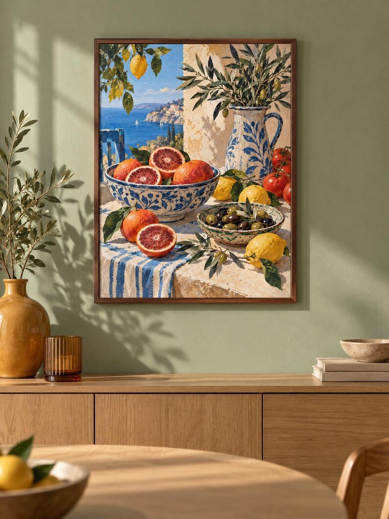 Op de afbeelding: Een ingelijste kunstdruk met een mediterrane sc&egrave;ne met een blauw-wit patroon kom gevuld met bloedsinaasappels, een bijpassende kan, een kom met olijven en citroenen op een tafel bedekt met een blauw-wit gestreept kleed.