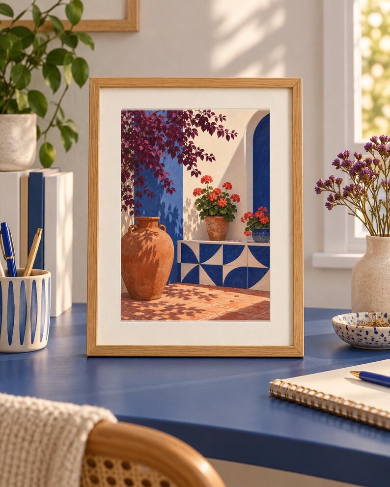 Pu&ograve; includere: Una stampa artistica incorniciata che raffigura una scena mediterranea con una grande anfora in terracotta, vivaci gerani rossi in vaso e piastrelle geometriche blu e bianche su una parete bianca, sotto una bouganville viola intenso.