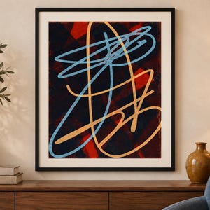 May include: A framed wall art print featuring an abstract composition with a dark red and black textured background. Overlaid are bold, continuous looping lines in light blue and golden yellow, creating a dynamic, layered geometric pattern.