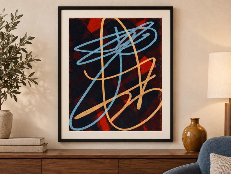 May include: A framed wall art print featuring an abstract composition with a dark red and black textured background. Overlaid are bold, continuous looping lines in light blue and golden yellow, creating a dynamic, layered geometric pattern.