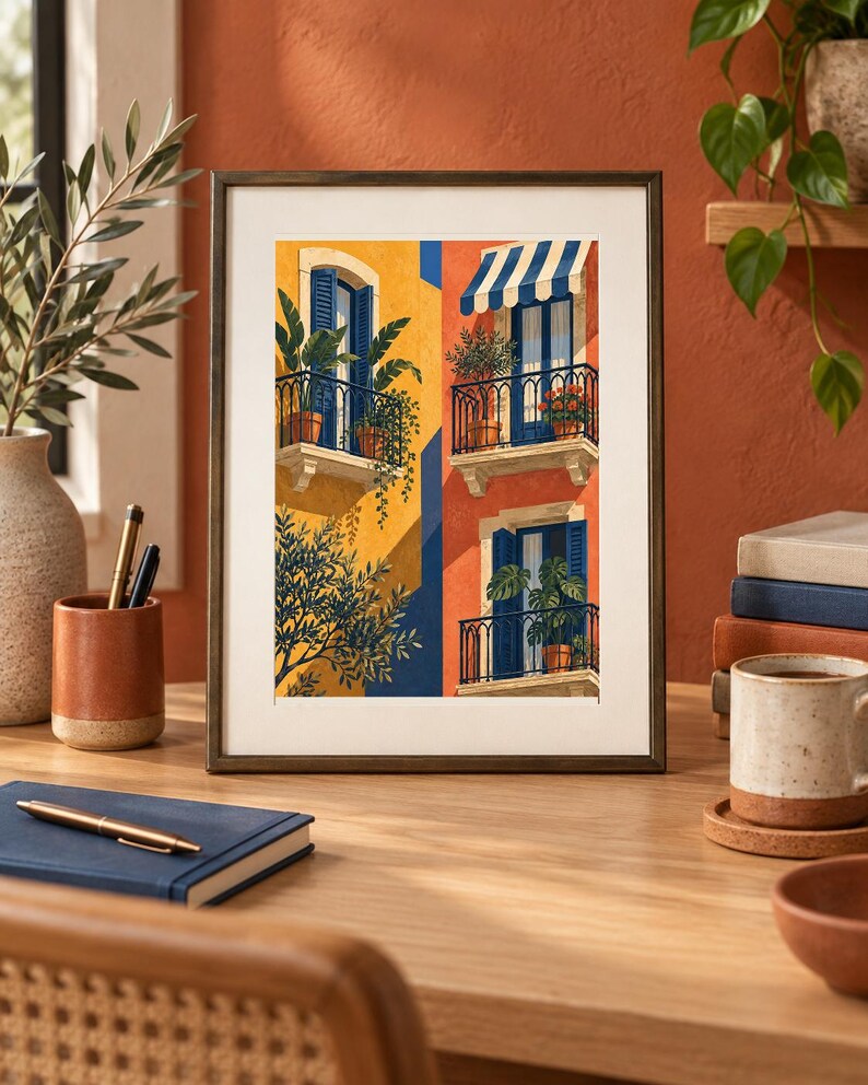 May include: A framed art print featuring a vibrant illustration of Mediterranean-style building facades with yellow and orange walls, blue shutters, wrought iron balconies, potted plants, and a striped awning, presented in a dark metallic frame.