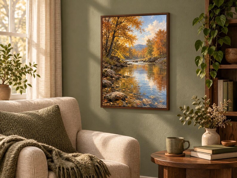 K&ouml;nnte beinhalten: Ein rechteckiges gerahmtes Wandbild, das eine herbstliche Landschaft mit einem flie&szlig;enden Fluss, felsigen Ufern und leuchtend gold-orangen B&auml;umen unter einem blauen Himmel mit wei&szlig;en Wolken zeigt, montiert an einer olivgr&uuml;nen Wand &uuml;ber einem beigen Sessel.