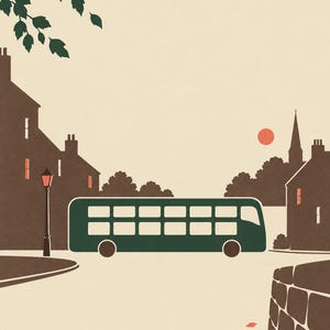 May include: A flat illustration of a dark green double-decker bus traveling through a town street. The scene features brown silhouettes of buildings, a street lamp, a church spire, a small red sun, and green tree branches against a cream background.