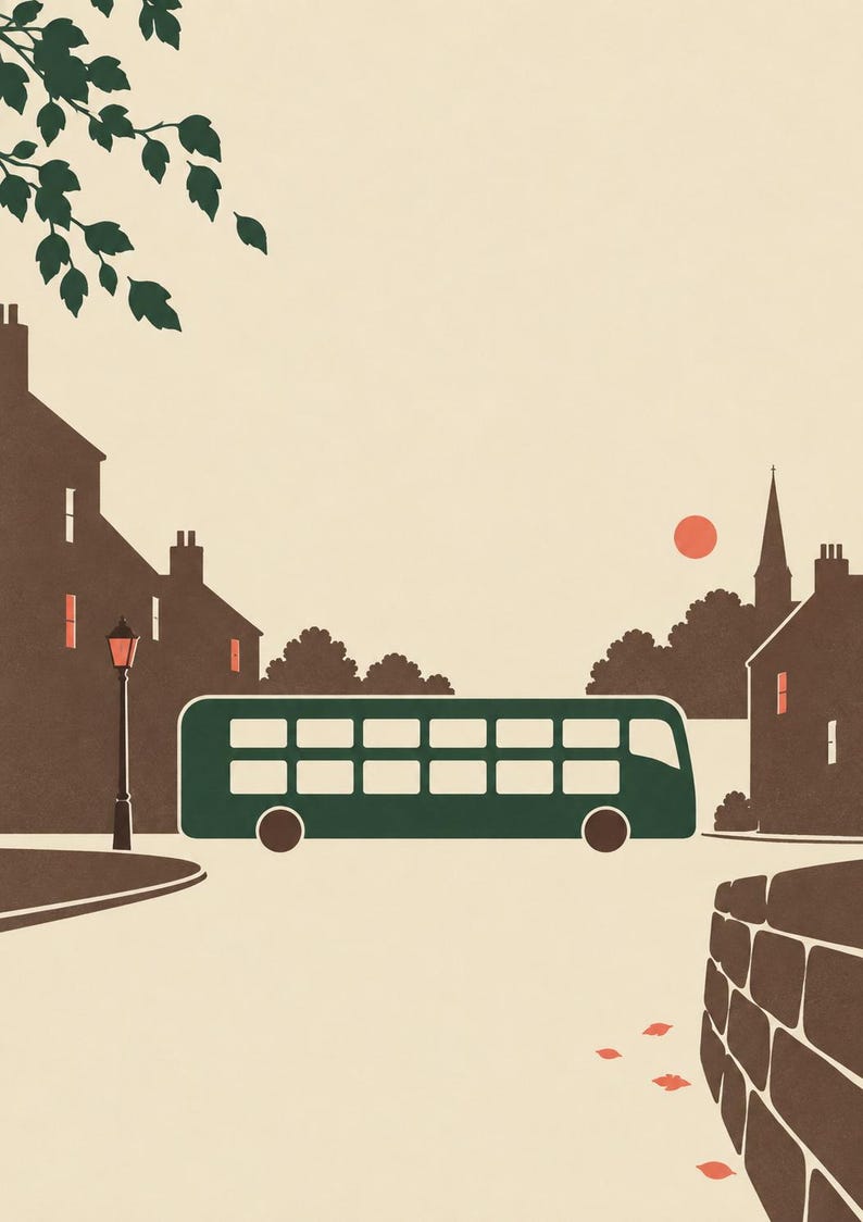 May include: A flat illustration of a dark green double-decker bus traveling through a town street. The scene features brown silhouettes of buildings, a street lamp, a church spire, a small red sun, and green tree branches against a cream background.