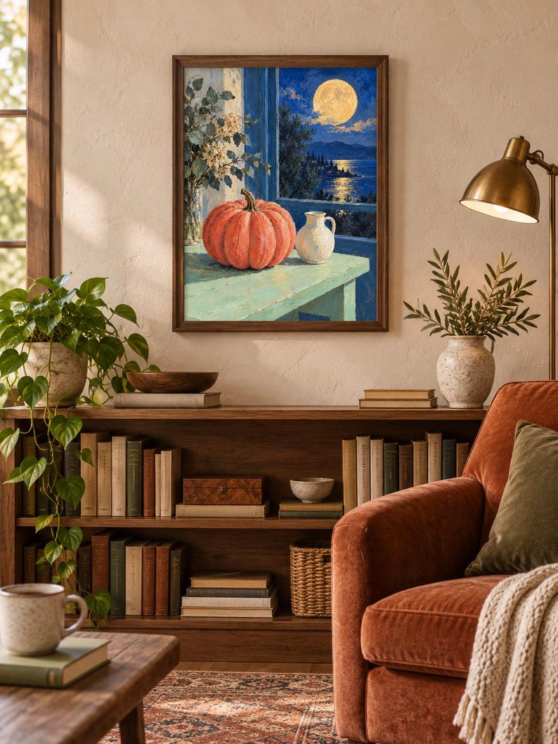 Pode incluir: Uma impress&atilde;o de arte de parede emoldurada retratando uma ab&oacute;bora laranja vibrante e um pequeno jarro branco sobre uma mesa verde clara. A cena mostra uma vista noturna de uma lua cheia sobre um mar azul escuro, emoldurada por uma janela.