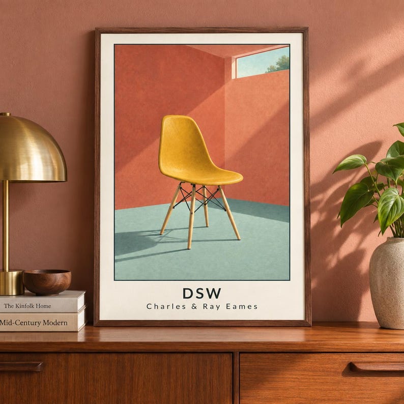 Op de afbeelding: Een ingelijste kunstdruk met een gele DSW-stoel van Charles & Ray Eames. De illustratie toont de stoel in een kamer met terracotta muren en een lichtblauwe vloer, met de tekst DSW Charles & Ray Eames onderaan de afbeelding gedrukt.
