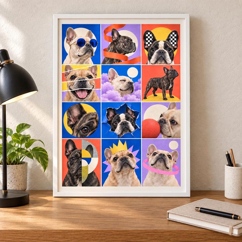 May include: A framed wall art print featuring a grid of twelve colorful panels, each displaying a French Bulldog in various poses and settings, including one wearing blue sunglasses, one with a yellow crown, and one with a pink hula hoop.