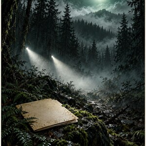 May include: A rectangular tan manila folder rests on a mossy, fern-covered forest floor at night. In the background, a dark, misty pine forest is illuminated by two bright spotlights and a glowing light in the sky. The text The X-Files 1993 is below.