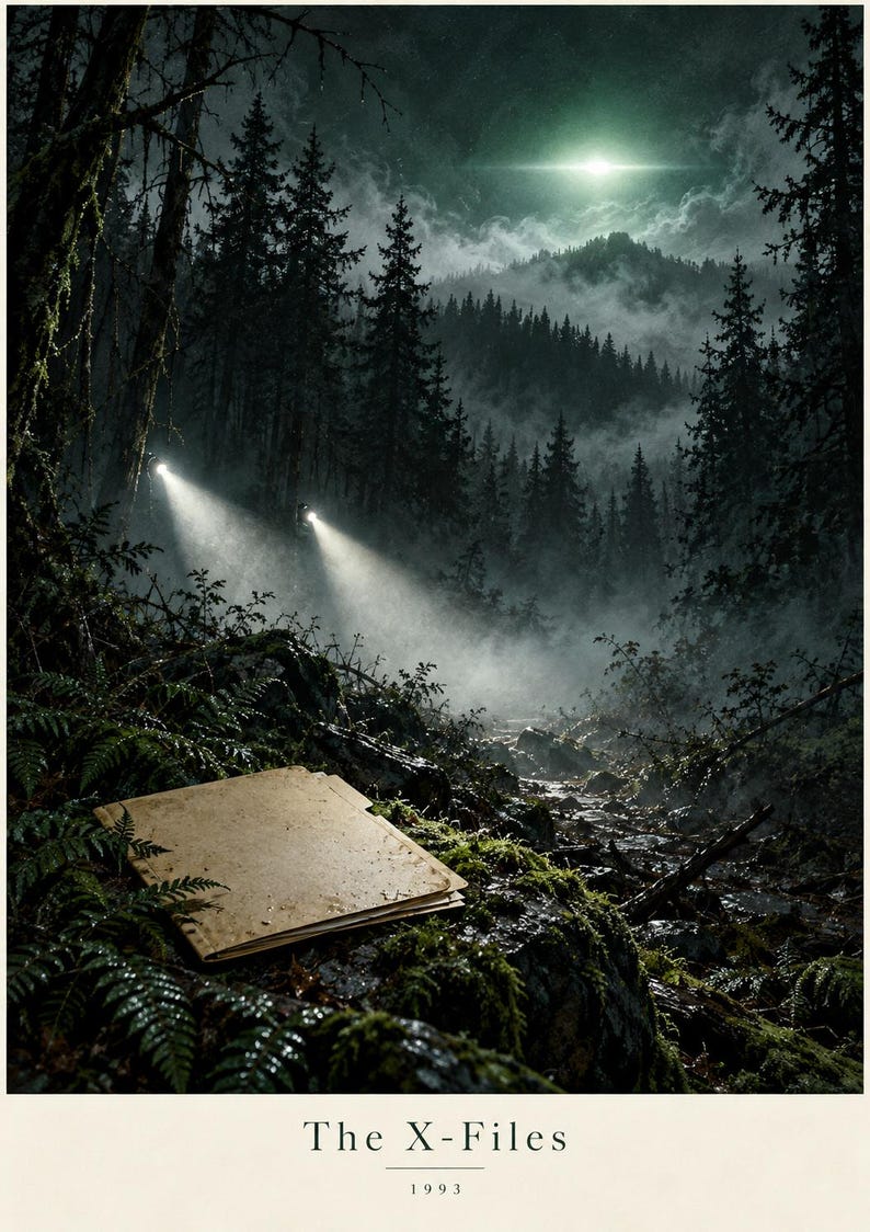 May include: A rectangular tan manila folder rests on a mossy, fern-covered forest floor at night. In the background, a dark, misty pine forest is illuminated by two bright spotlights and a glowing light in the sky. The text The X-Files 1993 is below.