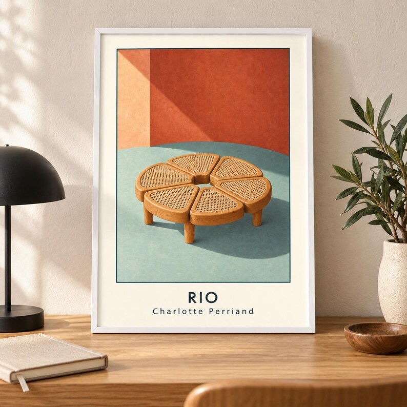May include: A framed art print featuring a circular wooden coffee table with six wedge-shaped sections and woven cane inserts. The table sits on a light blue surface against a terracotta wall. The text RIO and Charlotte Perriand is printed below.