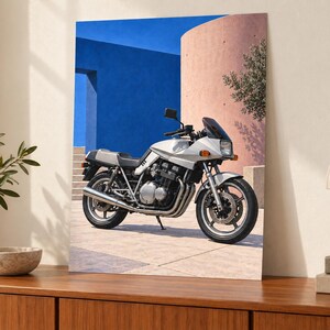 Puede incluir: Una motocicleta plateada estacionada sobre una superficie pavimentada frente a una pared azul brillante y una estructura curva de color melocot&oacute;n. La motocicleta cuenta con un asiento negro, un parabrisas oscuro y componentes mec&aacute;nicos del motor expuestos con tubos de escape cromados.