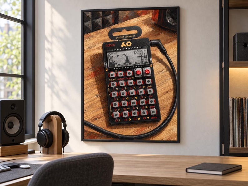 May include: A black Teenage Engineering PO-28 Robot pocket operator synthesiser featuring a monochrome LCD screen, a grid of silver buttons with red accents, and a black audio cable plugged into the top right corner of the device.