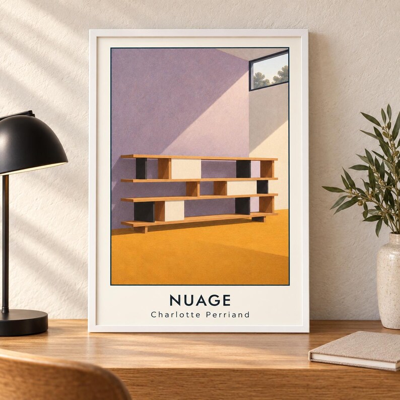 May include: A framed art print titled NUAGE by Charlotte Perriand, featuring a wooden shelving unit with black and white dividers against a purple wall and yellow floor, illuminated by sunlight casting sharp geometric shadows across the scene.