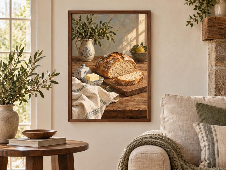 Peut inclure: Une impression d'art encadr&eacute;e repr&eacute;sentant une nature morte rustique sur une table en bois. L'image montre une miche de pain au levain ronde, une tranche de pain, un beurrier en c&eacute;ramique avec une noisette de beurre jaune, un pichet et un bol.