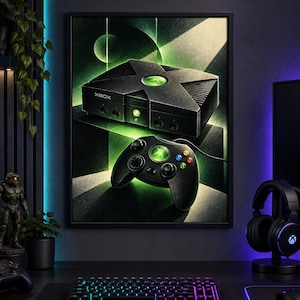 May include: A framed wall art print featuring a black Xbox console and a matching wired game controller. The artwork displays a dark, moody aesthetic with vibrant green light accents, geometric shapes, and a circular moon-like element in the background.