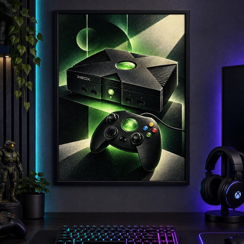 May include: A framed wall art print featuring a black Xbox console and a matching wired game controller. The artwork displays a dark, moody aesthetic with vibrant green light accents, geometric shapes, and a circular moon-like element in the background.