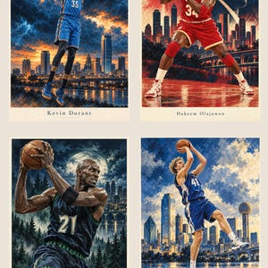 May include: A set of four basketball art prints featuring Kevin Durant in a blue jersey, Hakeem Olajuwon in red, Kevin Garnett in dark green, and Dirk Nowitzki in blue. Each print displays the player's name and a city skyline background.