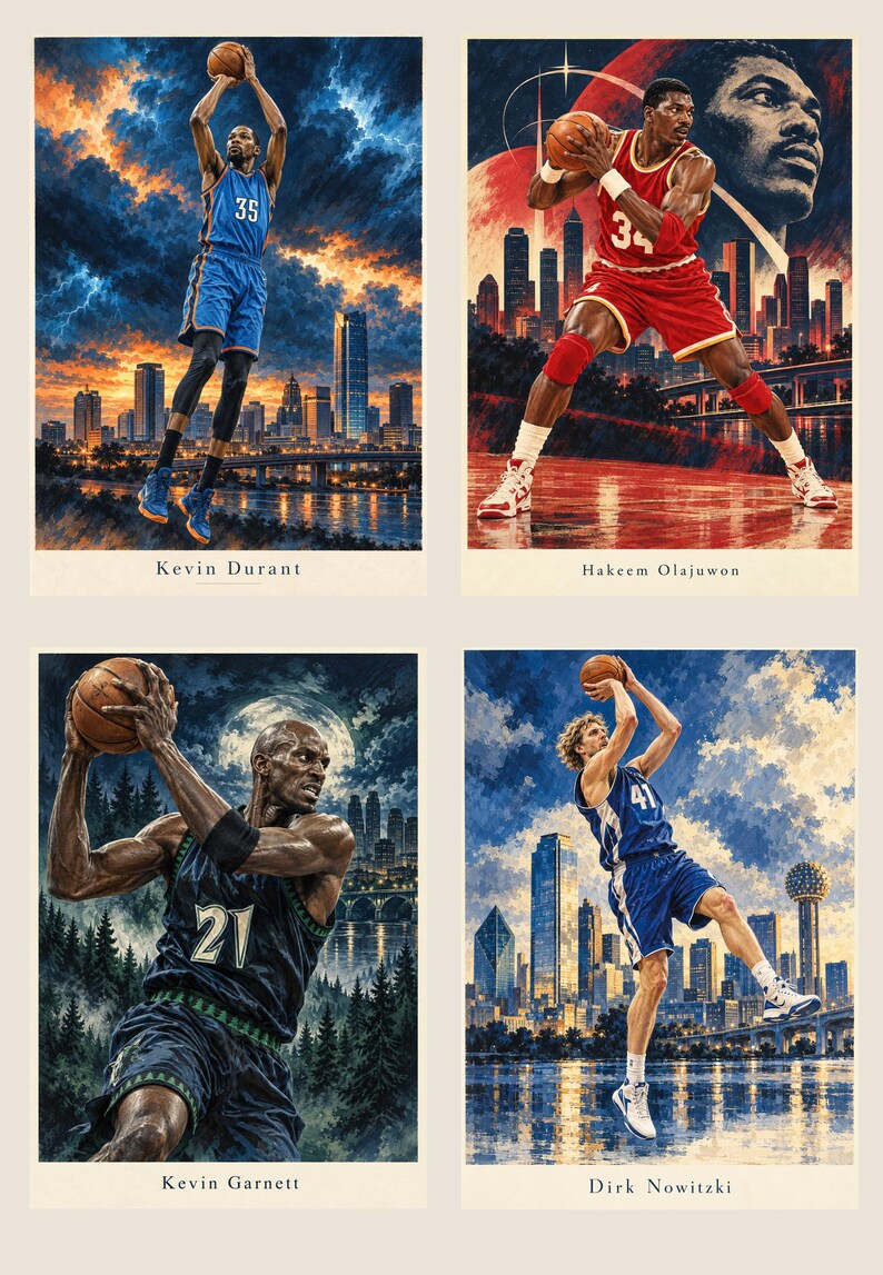 May include: A set of four basketball art prints featuring Kevin Durant in a blue jersey, Hakeem Olajuwon in red, Kevin Garnett in dark green, and Dirk Nowitzki in blue. Each print displays the player's name and a city skyline background.