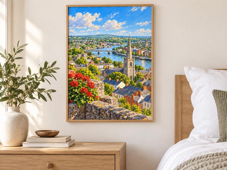 May include: A framed landscape painting depicting a town with a tall stone church spire, a river with a bridge, and lush green trees under a bright blue sky with white clouds. In the foreground, a stone wall is adorned with vibrant red flowers.