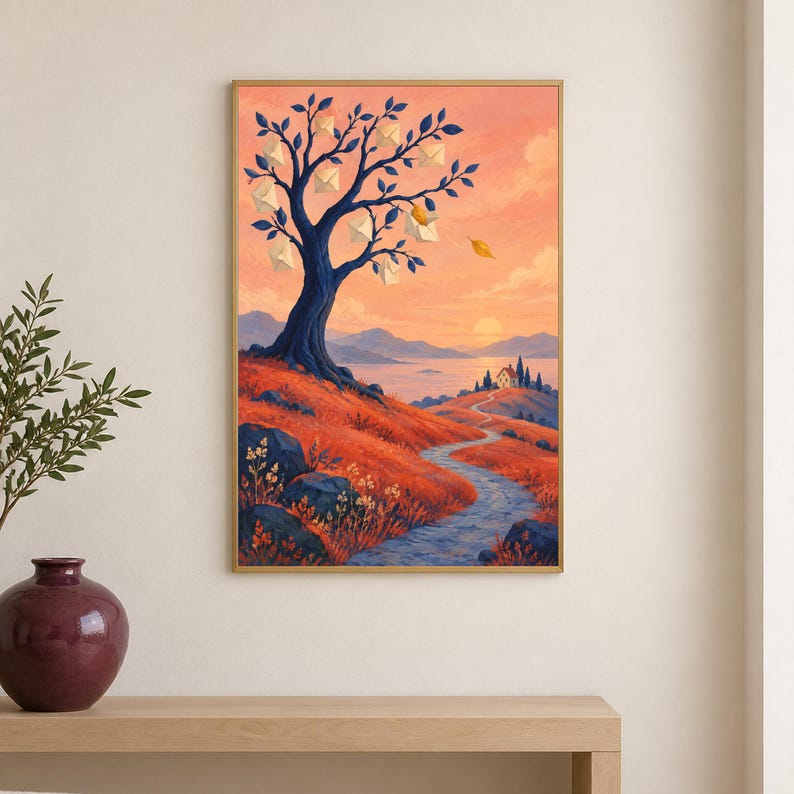 Op de afbeelding: Een ingelijste wandkunstprint met een landschap met een donkerblauwe boom die witte enveloppen als bladeren draagt. Een kronkelend pad leidt door rode en oranje heuvels naar een klein huis bij een meer onder een zonsondergang.