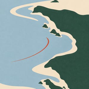 May include: A minimalist digital illustration depicting an aerial view of a coastline. The scene features a light blue ocean meeting a beige sandy shore, bordered by dark green landmasses. A single curved red line floats in the blue water.