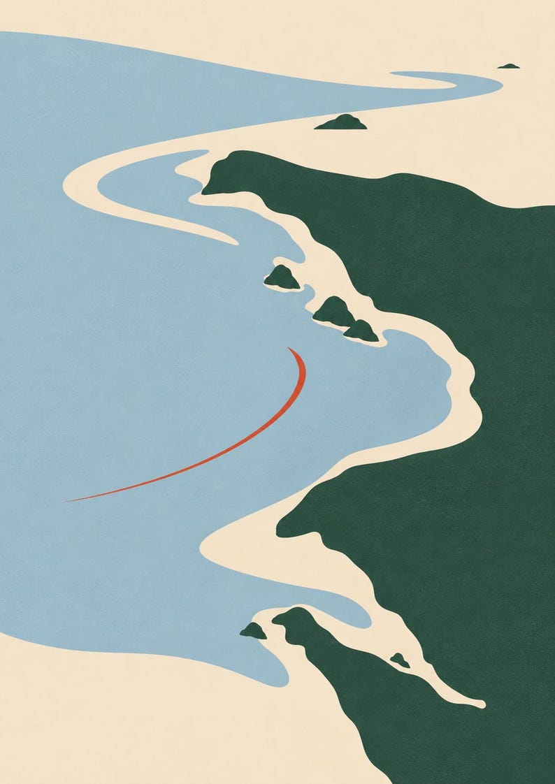 May include: A minimalist digital illustration depicting an aerial view of a coastline. The scene features a light blue ocean meeting a beige sandy shore, bordered by dark green landmasses. A single curved red line floats in the blue water.