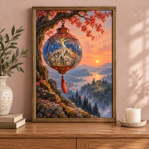 K&ouml;nnte beinhalten: Ein gerahmter Kunstdruck, der eine leuchtende kugelf&ouml;rmige Laterne zeigt, die an einem Ast h&auml;ngt. Im Inneren der Glaskugel umgibt ein wei&szlig;er Baum mit sichtbaren Wurzeln kleine H&auml;user. Der Hintergrund zeigt einen Sonnenuntergang &uuml;ber Bergen.
