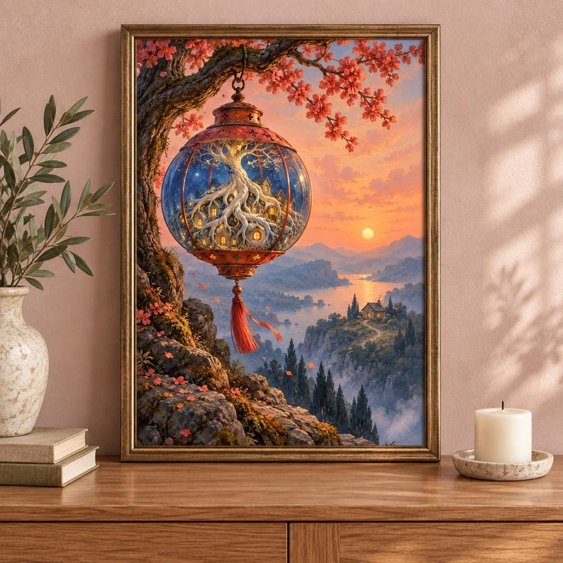 K&ouml;nnte beinhalten: Ein gerahmter Kunstdruck, der eine leuchtende kugelf&ouml;rmige Laterne zeigt, die an einem Ast h&auml;ngt. Im Inneren der Glaskugel umgibt ein wei&szlig;er Baum mit sichtbaren Wurzeln kleine H&auml;user. Der Hintergrund zeigt einen Sonnenuntergang &uuml;ber Bergen.