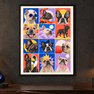 May include: A framed wall art print featuring a grid of twelve colorful panels, each displaying a French Bulldog in various artistic settings, including wearing blue sunglasses, a yellow crown, and interacting with a red ball and geometric shapes.