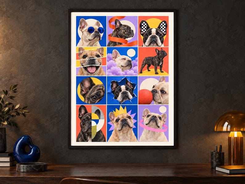 May include: A framed wall art print featuring a grid of twelve colorful panels, each displaying a French Bulldog in various artistic settings, including wearing blue sunglasses, a yellow crown, and interacting with a red ball and geometric shapes.