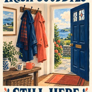 K&ouml;nnte beinhalten: Ein Druck mit dem Titel IRISH GOODBYES: STILL HERE. zeigt eine blaue T&uuml;r mit Blick auf die K&uuml;ste, eine Holzbank mit Tassen und einer Pflanze sowie M&auml;ntel an einem Wandhaken. Das Bild enth&auml;lt ein gerahmtes Landschaftsbild und einen Korb.
