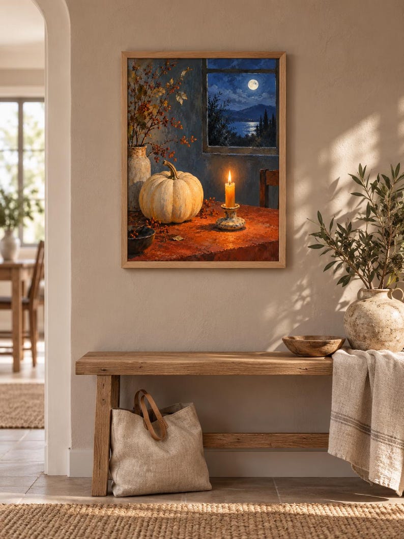 K&ouml;nnte beinhalten: Ein gerahmter Wandkunstdruck, der ein Stillleben mit einem hellen K&uuml;rbis, einer brennenden Kerze im Halter und einer Vase mit Zweigen auf einem Tisch zeigt. Durch ein Fenster scheint ein Vollmond &uuml;ber eine dunkle Landschaft mit Bergen.