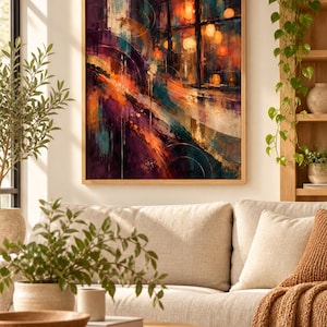 May include: A rectangular wall art print in a light wood frame featuring an abstract painting with deep purple, vibrant orange, and teal brushstrokes. The composition depicts a city street scene at night with glowing circular light reflections.