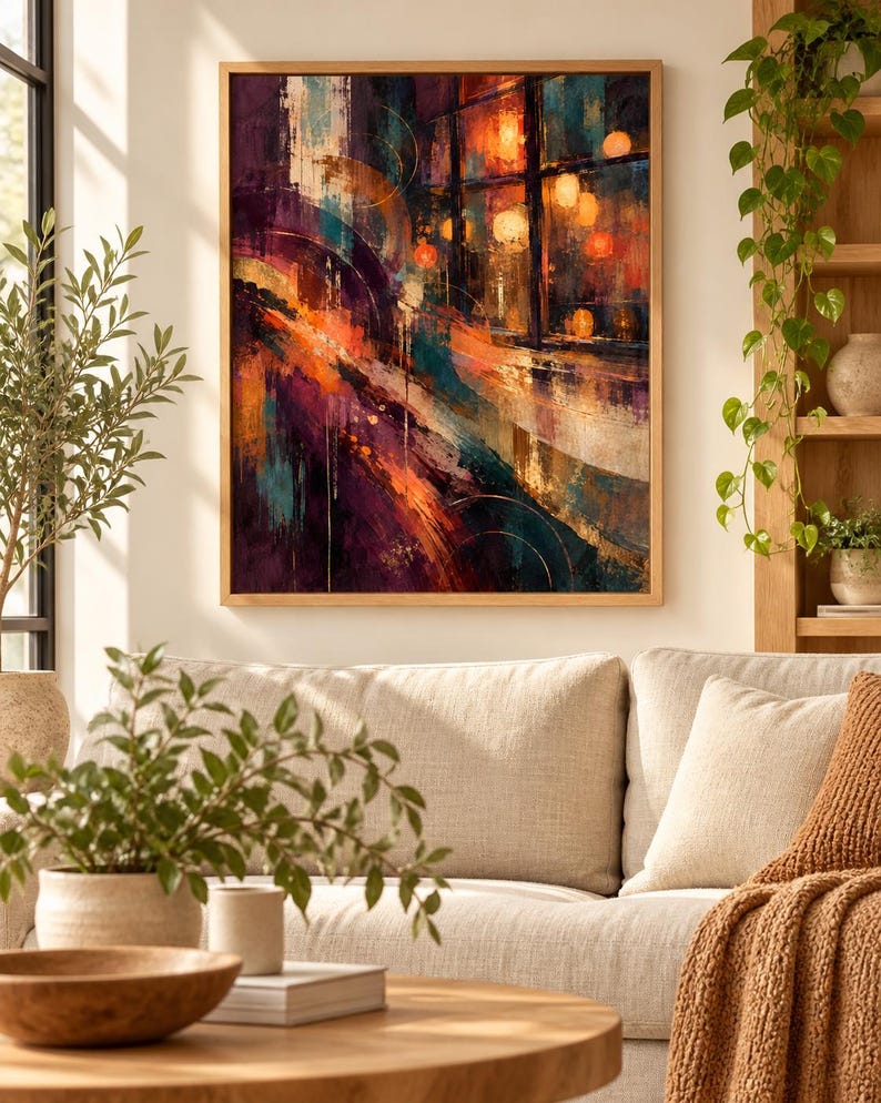 May include: A rectangular wall art print in a light wood frame featuring an abstract painting with deep purple, vibrant orange, and teal brushstrokes. The composition depicts a city street scene at night with glowing circular light reflections.