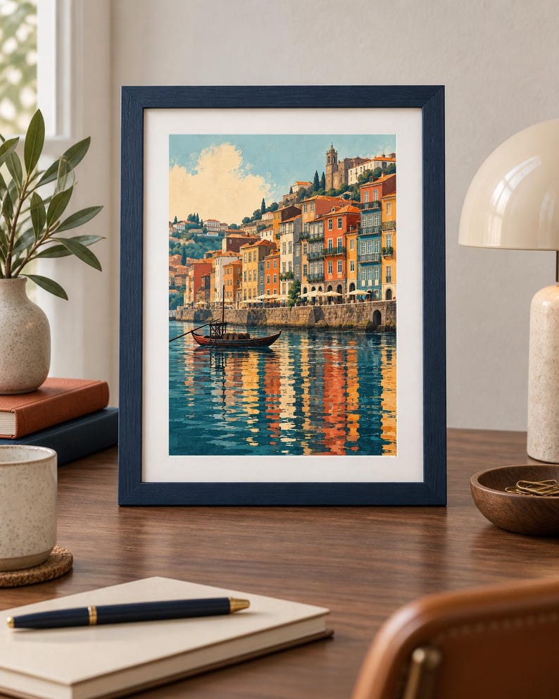 May include: A framed art print featuring a colorful coastal town with multi-story buildings in shades of orange, yellow, and blue, situated along a waterfront. A small wooden boat floats on the water, reflecting the vibrant architecture and sky.