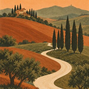 K&ouml;nnte beinhalten: Eine Landschaftsillustration mit einem geschwungenen Feldweg, der durch h&uuml;gelige Landschaften in Orange und Gr&uuml;n f&uuml;hrt. Eine Gruppe von Steingeb&auml;uden steht auf einem H&uuml;gel, umgeben von hohen, dunkelgr&uuml;nen Zypressen unter einem orangefarbenen Himmel.