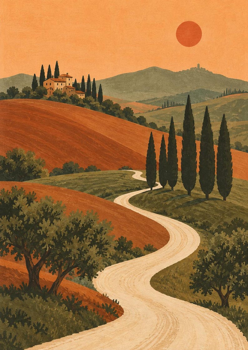 K&ouml;nnte beinhalten: Eine Landschaftsillustration mit einem geschwungenen Feldweg, der durch h&uuml;gelige Landschaften in Orange und Gr&uuml;n f&uuml;hrt. Eine Gruppe von Steingeb&auml;uden steht auf einem H&uuml;gel, umgeben von hohen, dunkelgr&uuml;nen Zypressen unter einem orangefarbenen Himmel.